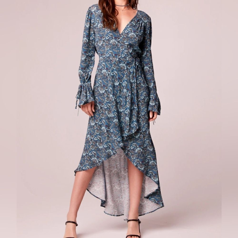 Band of the Free Bohemian Floral Wrap V-Neck High Low Maxi Dress, Large, Teal